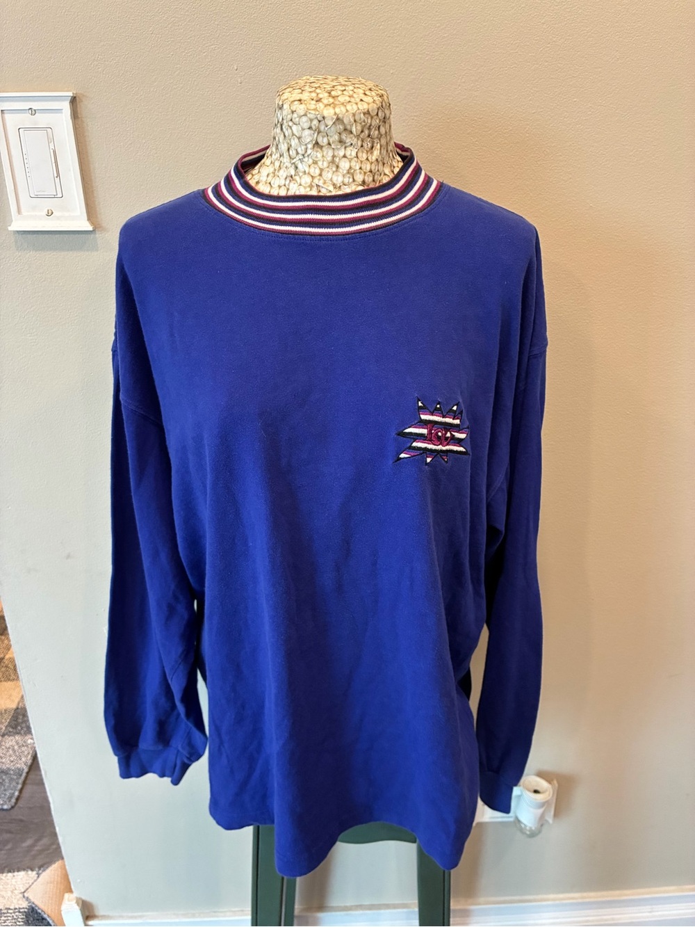 Vintage 90s IOU Blue Long-Sleeve Crewneck Shirt with Striped Collar